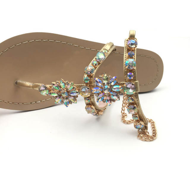 Hot sale glass crystal diamond flat chain sandals for women