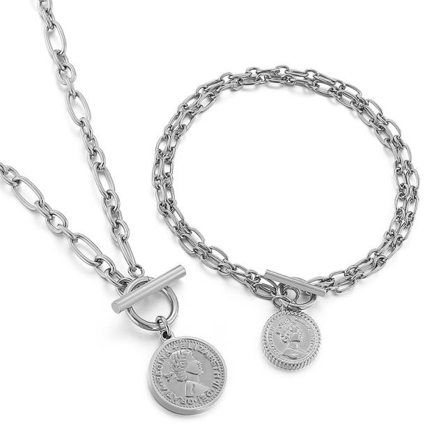 Hiphop stainless steel chain necklace with portrait coin charm
