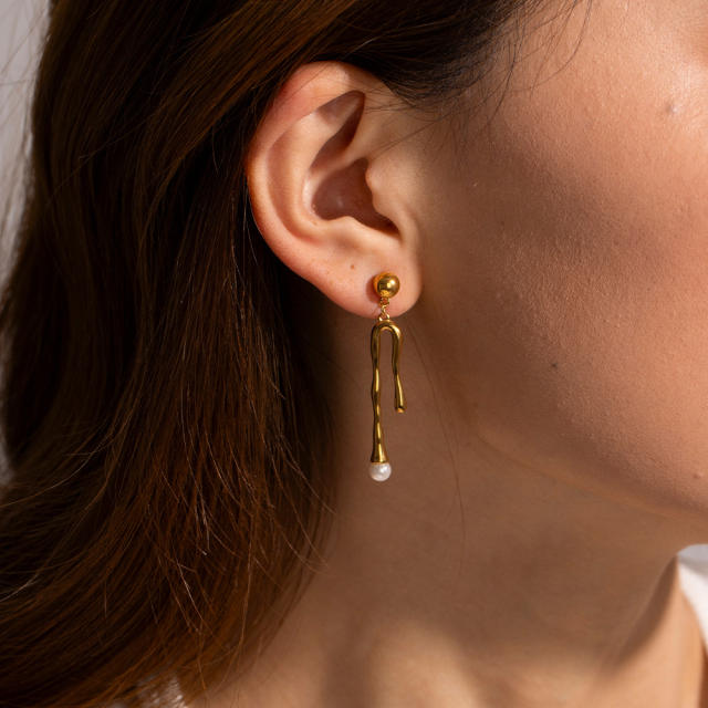18K lava shape pearl bead stainless steel asymmetrical earrings