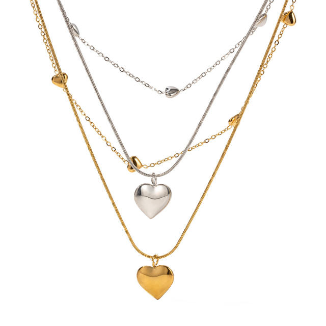 18K gold plated two layer heart pendant dainty stainless steel necklace