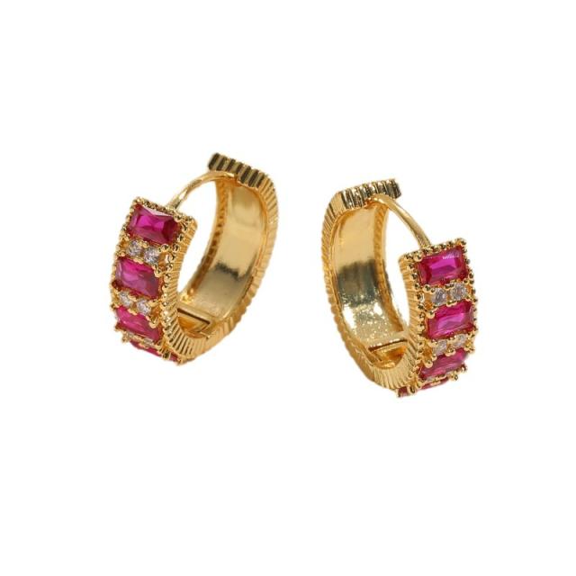 INS real gold plated copper colorful cubic zircon huggie earrings