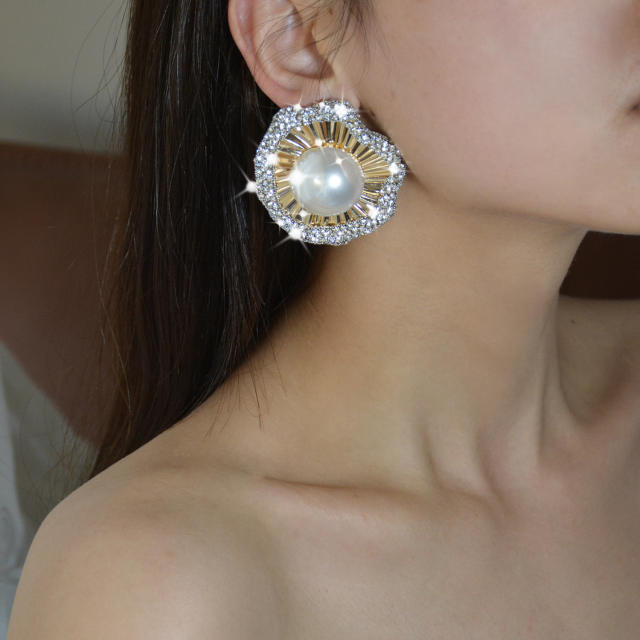 925 needle elegant diamond pearl setting women earrings