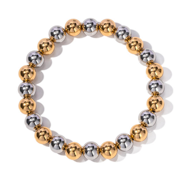 8mm Chunky two tone stainless steel bead elastic bracelet