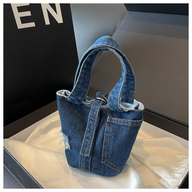 Vintage denim ripped cute busket bag handbag for women