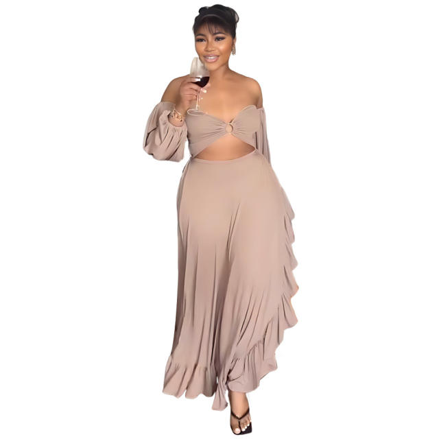 Sexy off shoulder long sleeve cropped tops maxi skirt set for women