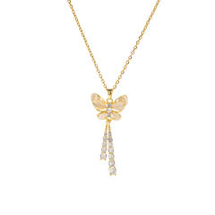 Dainty opal stone butterfly diamond tassel stainless steel necklace