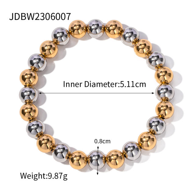 8mm Chunky two tone stainless steel bead elastic bracelet