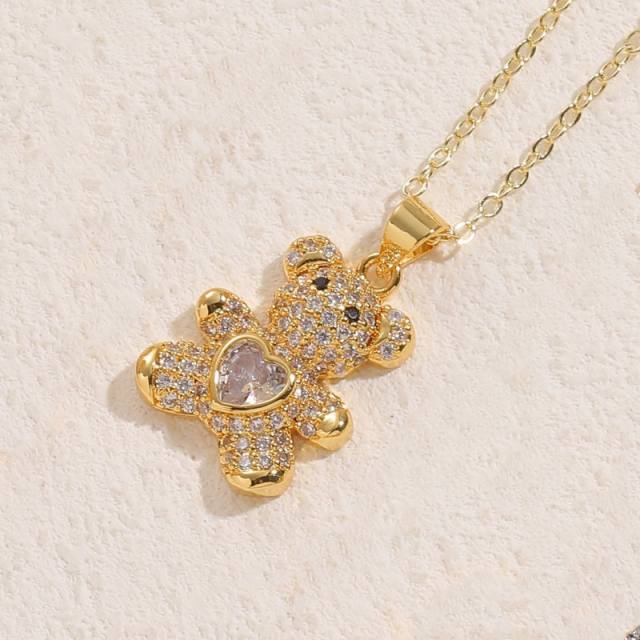 Sweet heart bear pendant diamond gold plated copper necklace