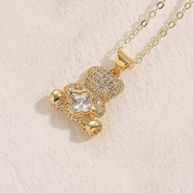 14K real gold plated clover bear pendant copper necklace