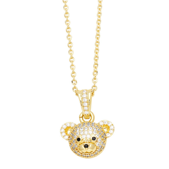 Cute full diamond bear pendant real gold plated copper necklace