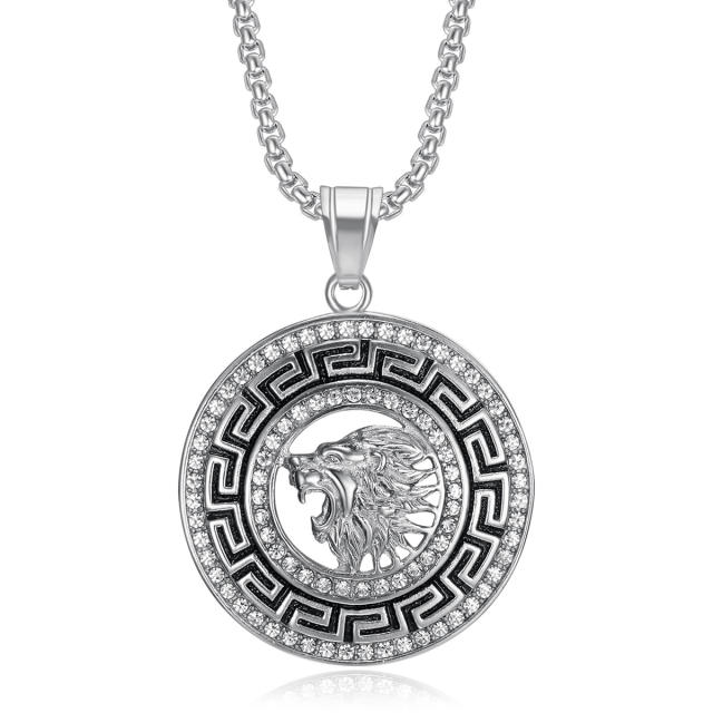 Hiphop lion round pendant stainless steel necklace for men