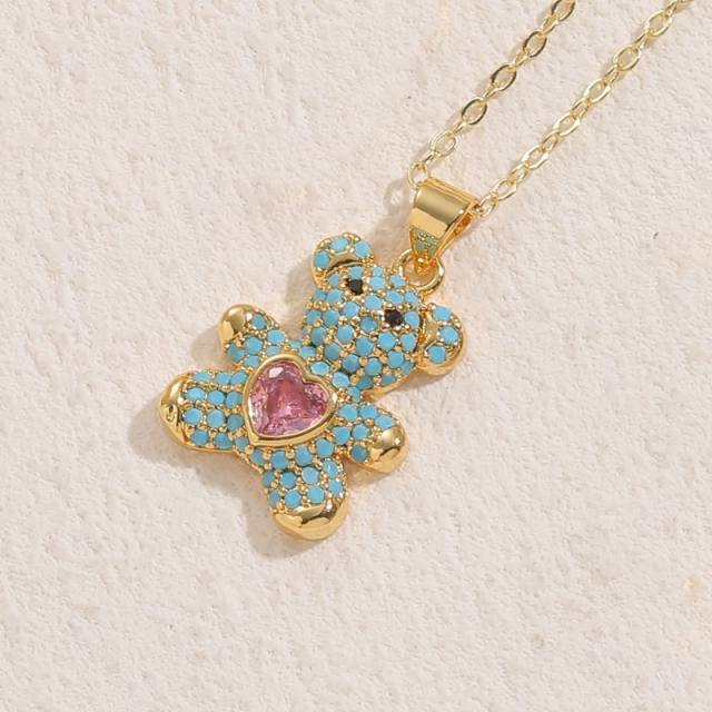 Sweet heart bear pendant diamond gold plated copper necklace