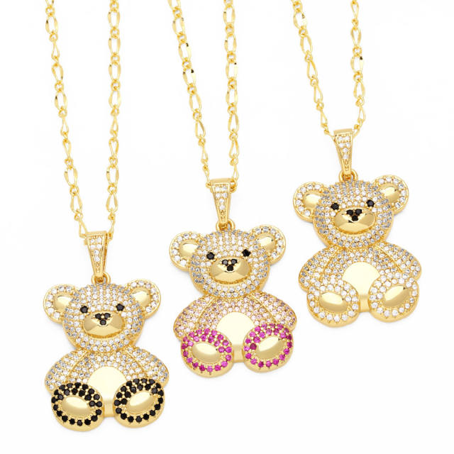 Cute diamond bear pendant real gold plated necklace