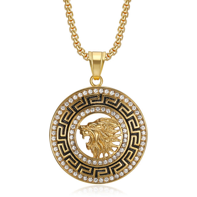 Hiphop lion round pendant stainless steel necklace for men