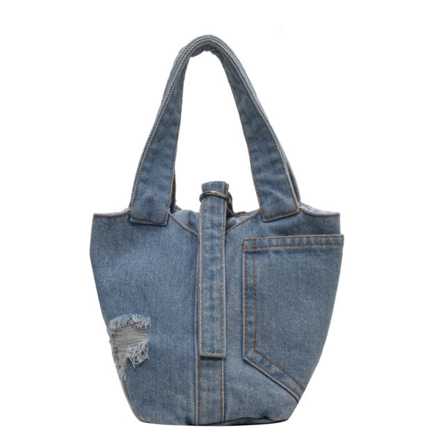 Vintage denim ripped cute busket bag handbag for women