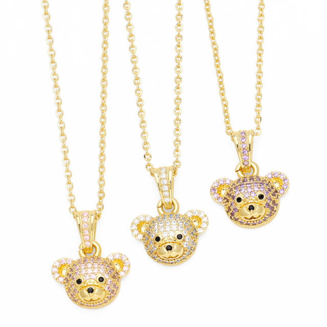 Cute full diamond bear pendant real gold plated copper necklace