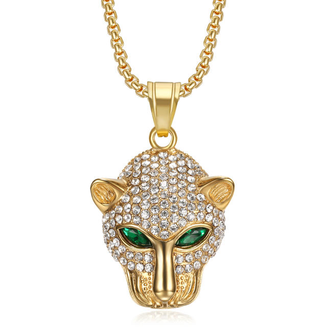 Hiphop full diamond green eye leopard pendant stainless steel necklace for men