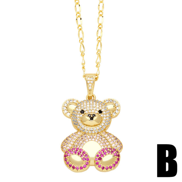 Cute diamond bear pendant real gold plated necklace