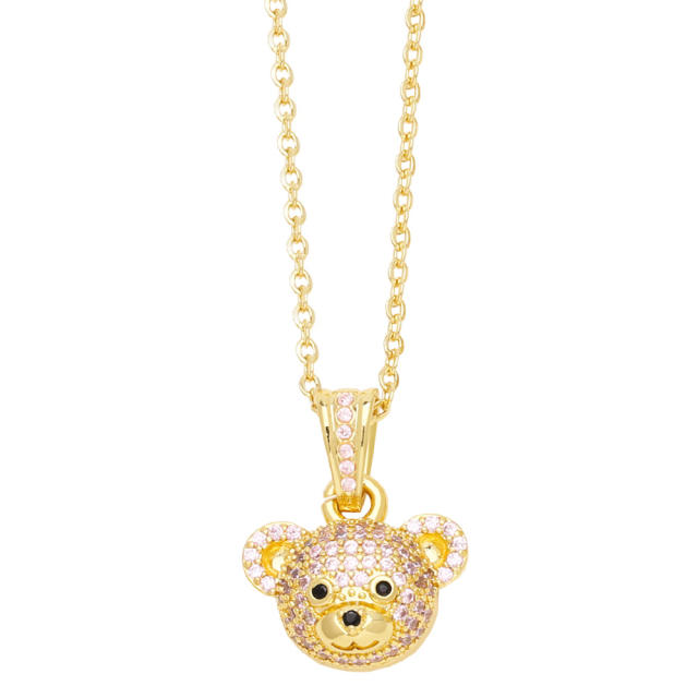 Cute full diamond bear pendant real gold plated copper necklace