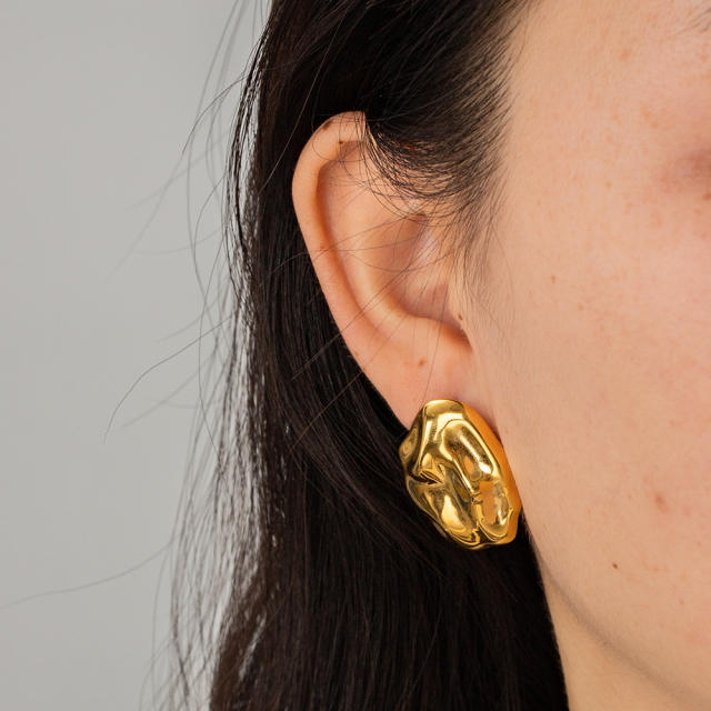 18K gold plated fold shape stainless steel studs earrings
