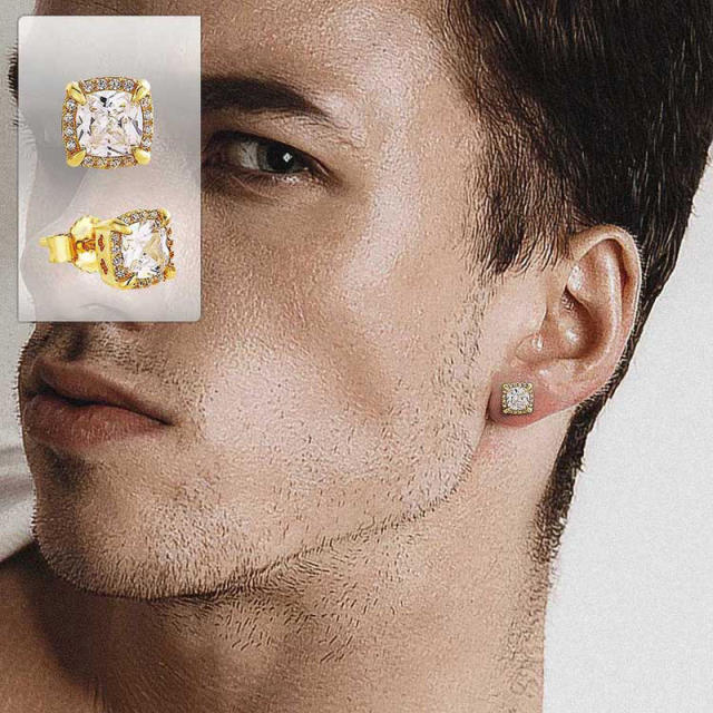 Hiphop diamond square cut cubic zircon studs earrings for men