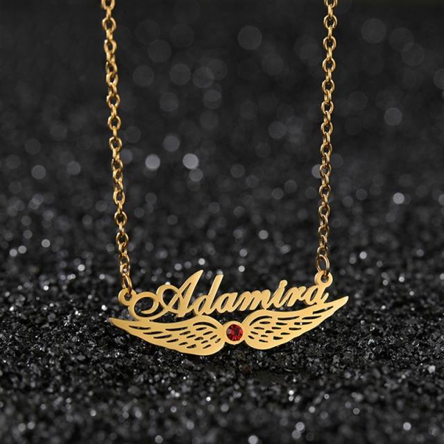 Personality angel wing birthstone custom name stainless steel necklace