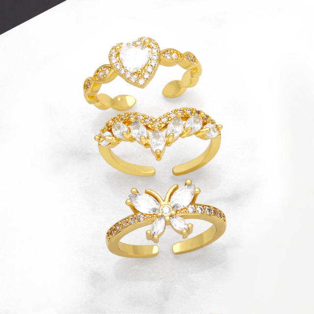 Delicate diamond heart butterfly gold plated copper rings