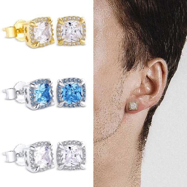 Hiphop diamond square cut cubic zircon studs earrings for men