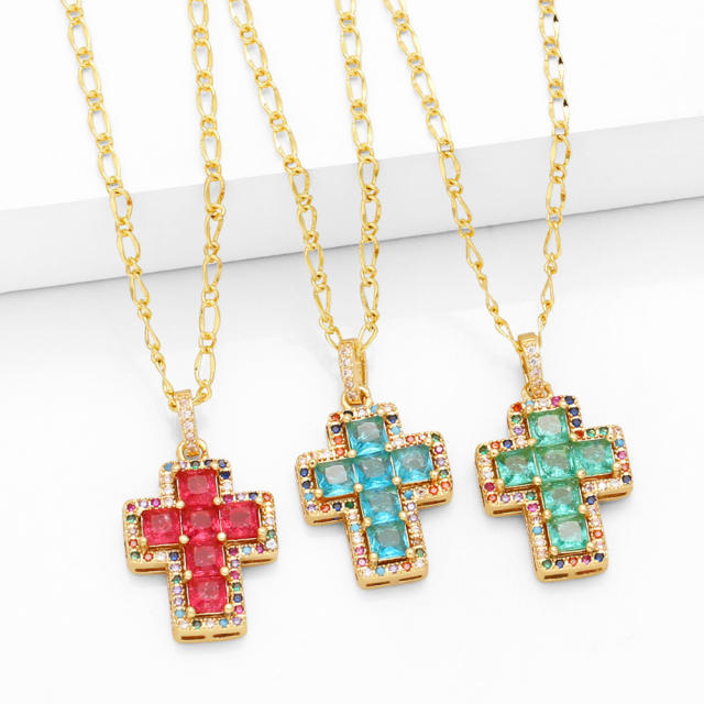 Personality hiphop color cubic zircon cross pendant necklace