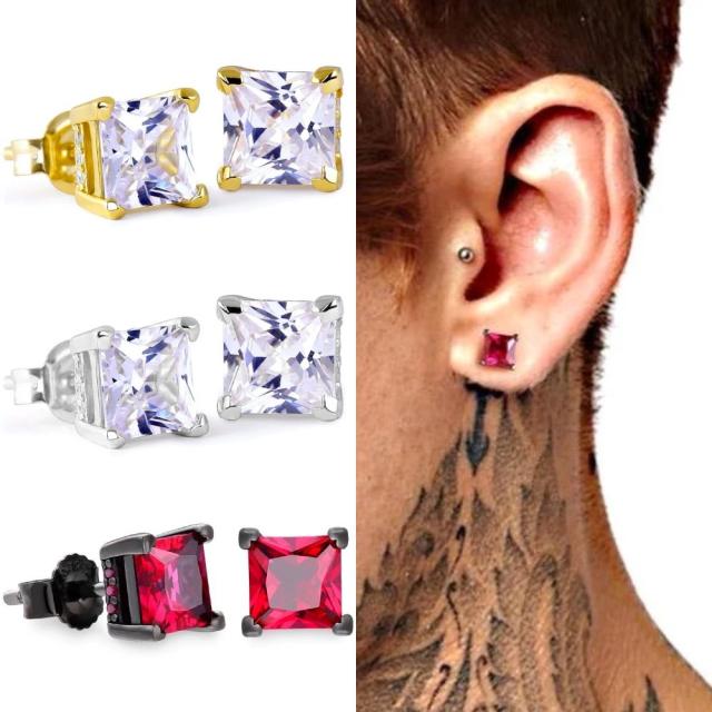Hiphop square cut colorful cubic zircon studs earrings for men