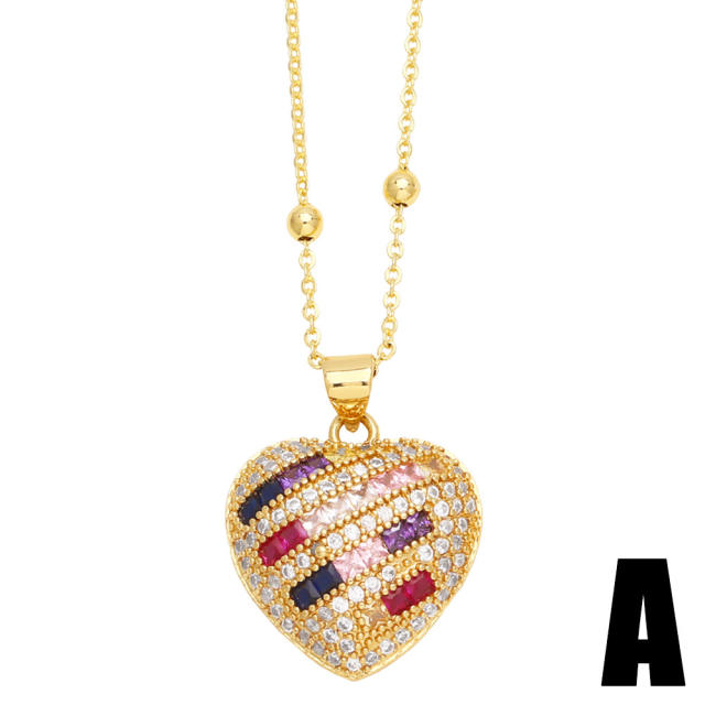 Personality diamond heart rainbow cz pendant gold plated copper necklace