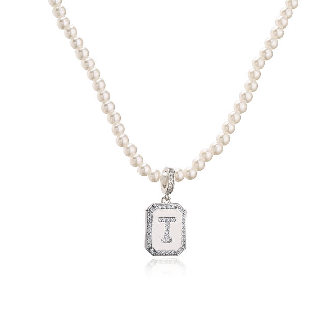 Concise diamond initial letter card pendant pearl necklace