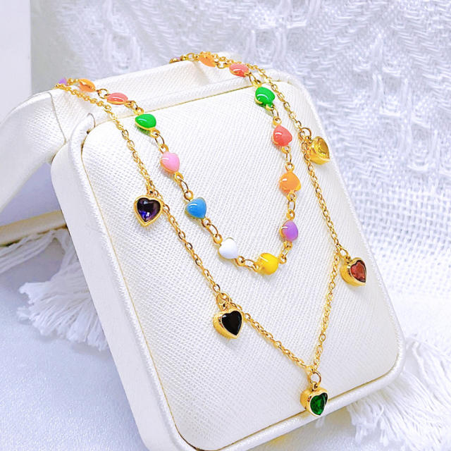 Color enamel heart two layer stainless steel necklace bracelet set