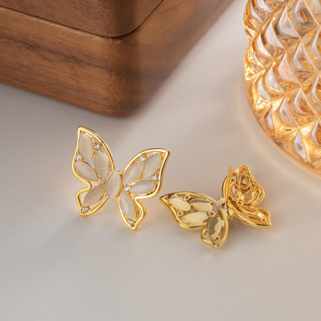 18K gold plated opal stone butterfly elegant studs earrings