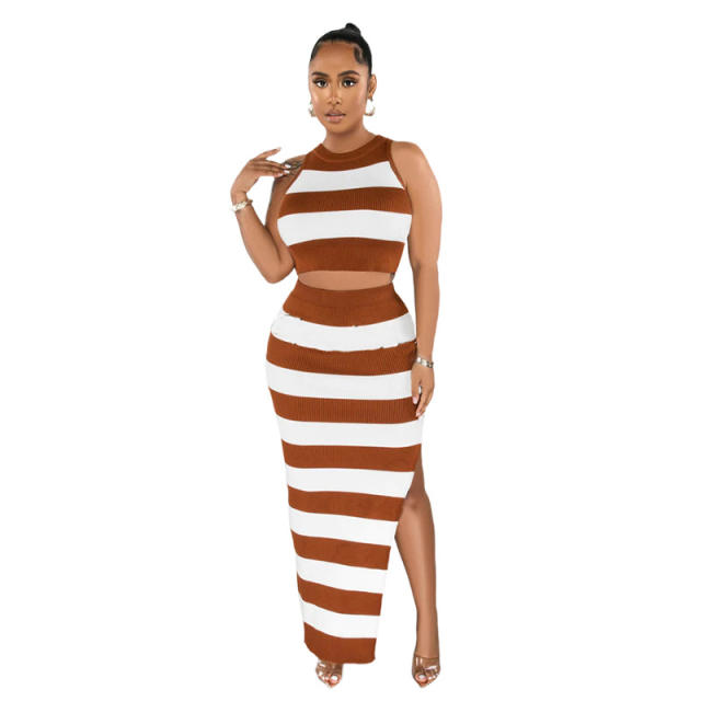 Sexy color stripe bodycon slit skirt crop tops set for women