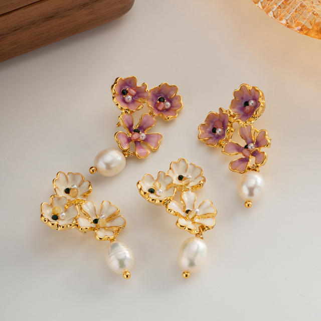 Vintage color enamel flower pearl drop copper earrings