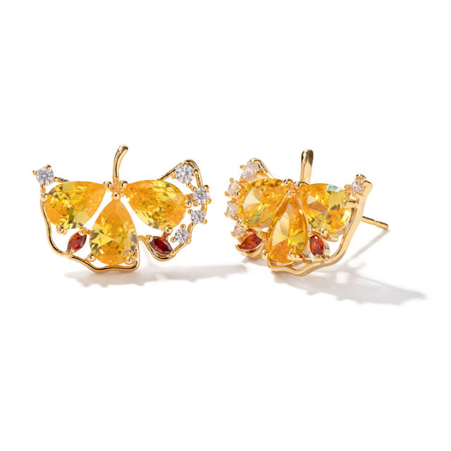 Delicate topaz cubic zircon setting ginkgo leaf gold plated copper studs earrings