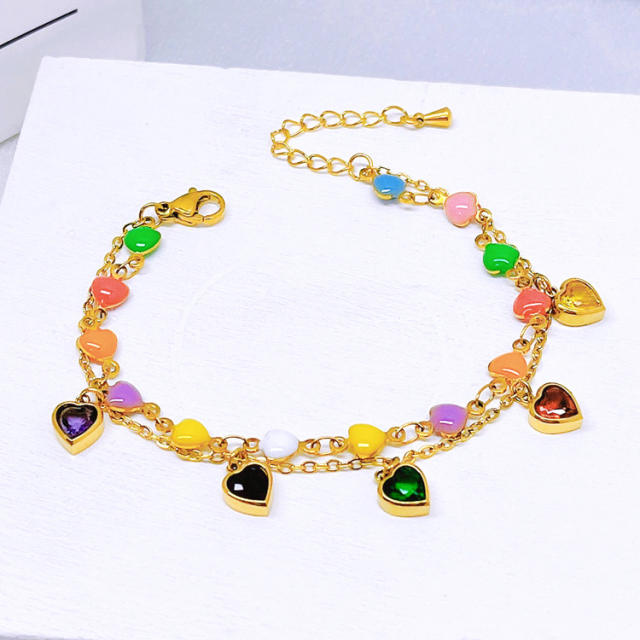 Color enamel heart two layer stainless steel necklace bracelet set