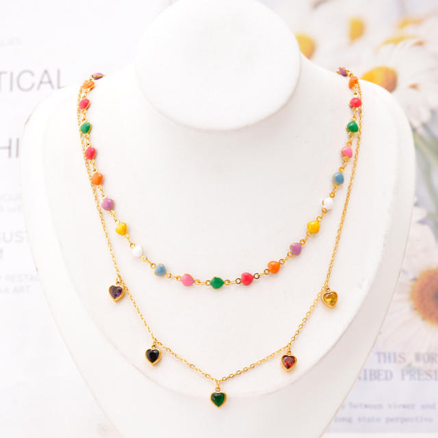 Color enamel heart two layer stainless steel necklace bracelet set