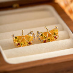 Delicate topaz cubic zircon setting ginkgo leaf gold plated copper studs earrings