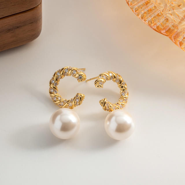 18K vintage c shape pearl drop copper earrings