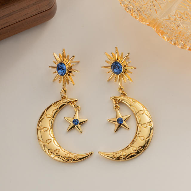18K vintage moon star gold plated copper earrings
