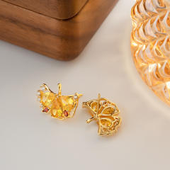 Delicate topaz cubic zircon setting ginkgo leaf gold plated copper studs earrings