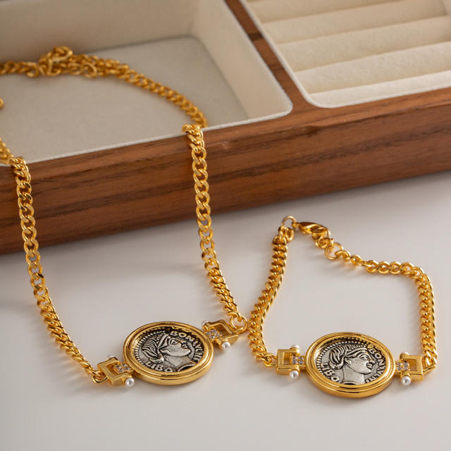 Vintage roman coin series gold plated necklace bracelet set
