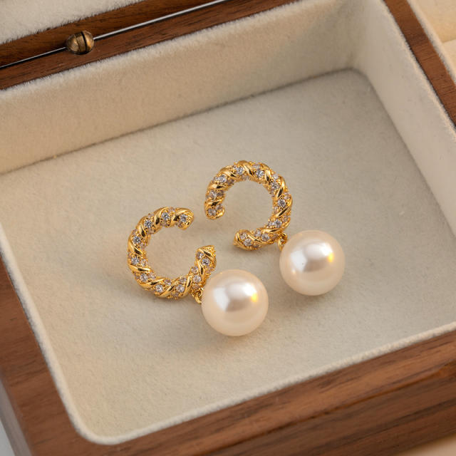 18K vintage c shape pearl drop copper earrings