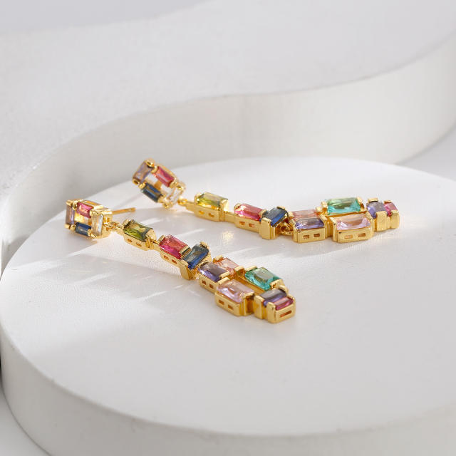 Delicate rainbow cz statement gold plated copper dangle earrings