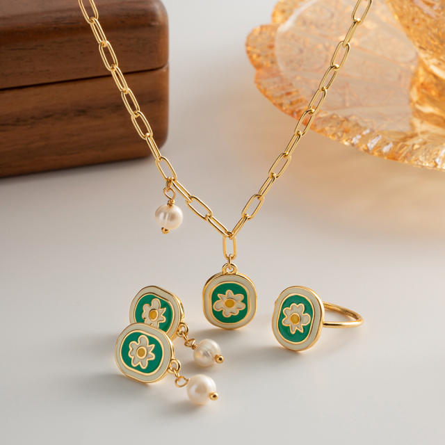 Summer fresh green color enamel flower gold plated copper necklace set
