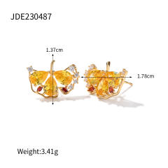 Delicate topaz cubic zircon setting ginkgo leaf gold plated copper studs earrings