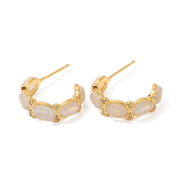 Chic simple opal stone gold plated copper studs earrings
