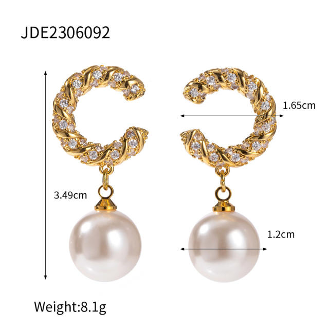 18K vintage c shape pearl drop copper earrings